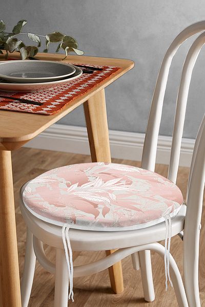 Realhomes Special Design Round Zippered Chair Cushion with Pink Leaf Motif on Gray Background