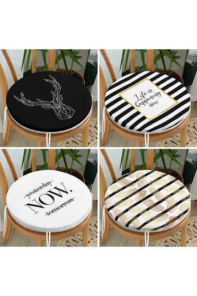 Realhomes 4-Piece Gold Written Black and White Floor Round Zippered Chair Cushion Set