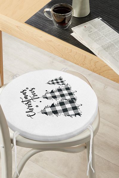 Realhomes Christmas Themed Plaid Pine Tree Motif Round Zippered Chair Cushion