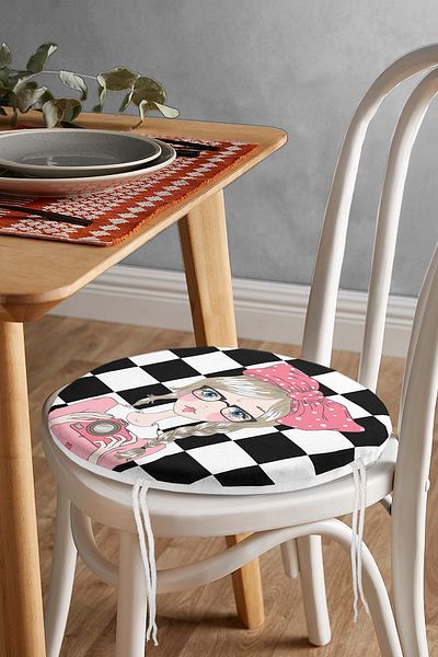 Realhomes Digital Printed Round Zippered Chair Cushion with Checkerboard Background Girl Taking Photos