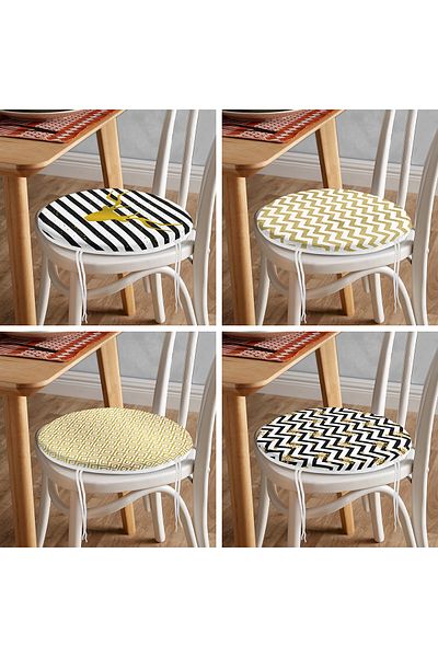 Realhomes Set of 4 Gold Leaf Geometric Patterned Decorative Modern Round Zippered Chair Cushions