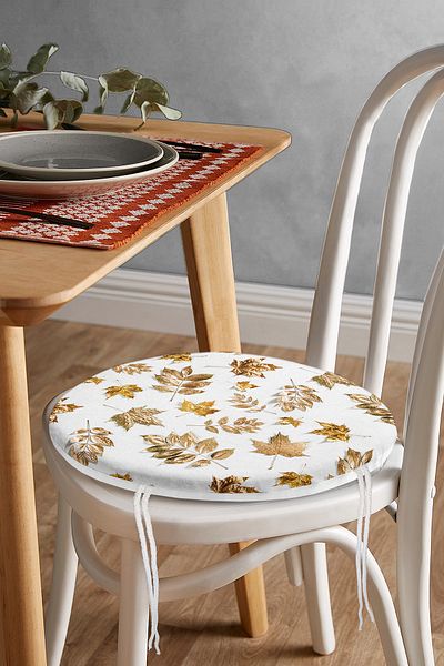 Realhomes Gold Leaves Patterned Digital Printed Round Zippered Chair Cushion on White Background