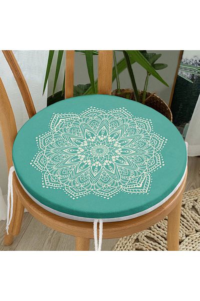 Realhomes Digital Printed Modern Round Zippered Chair Cushion with Mandala on Turquoise Floor