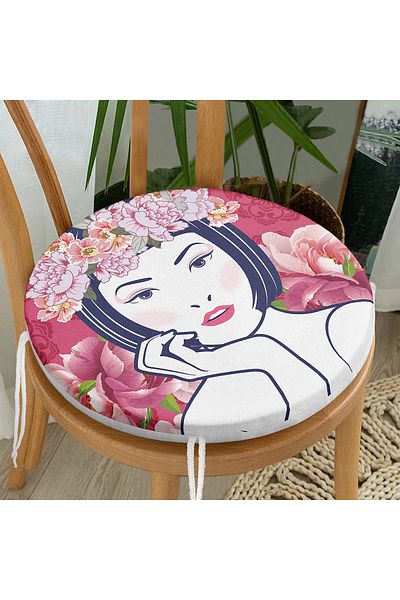 Realhomes Flower Crowned Japanese Figured Round Zippered Chair Cushion