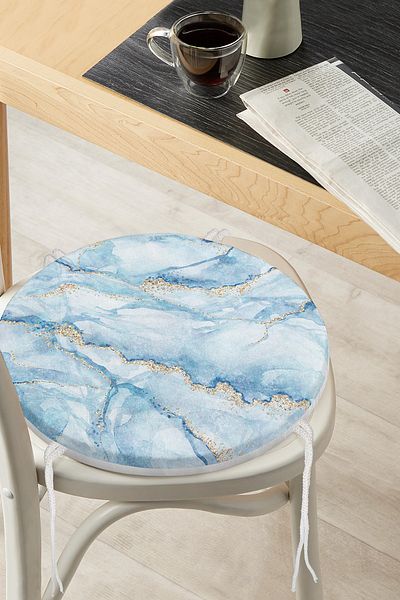 Realhomes Blue Colored Marble Patterned Digital Printed Round Zippered Chair Cushion