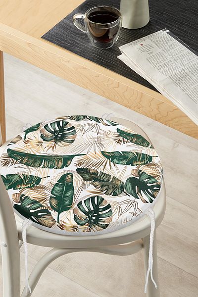 Realhomes Gold Detailed Tropical Leaf Design Round Zippered Chair Cushion