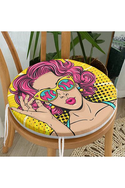 Realhomes Pop Art Girl Patterned Round Zippered Chair Cushion with Yellow Background