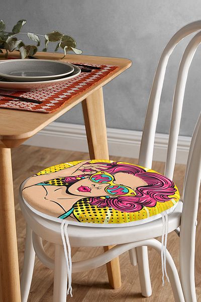 Realhomes Pop Art Girl Patterned Round Zippered Chair Cushion with Yellow Background
