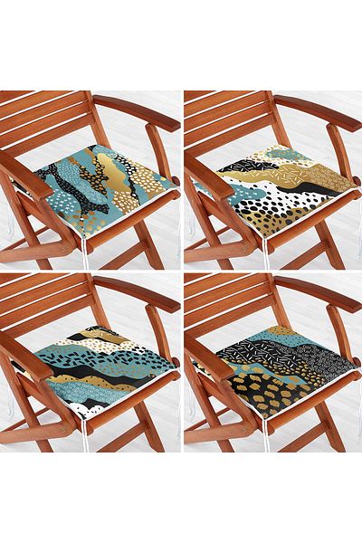 Realhomes 4-Piece Modern Zippered Chair Cushion Set with Gold Detailed Abstract Drawing on Colorful Floor