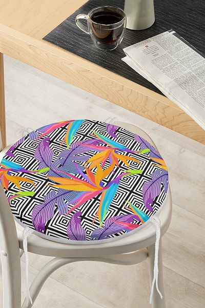 Realhomes Tropical Leaves on Geometric Floor Digital Printed Modern Round Zippered Chair Cushion