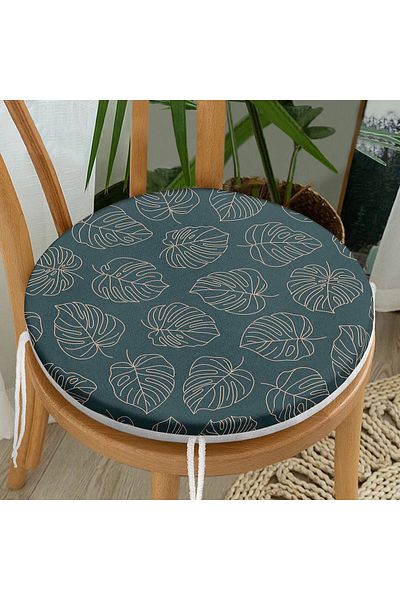 Realhomes Gold Striped Leaf Pattern Digital Printed Modern Round Zippered Chair Cushion with Black Background