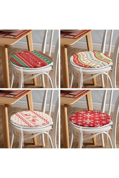 Realhomes Set of 4 Merry Christmas Themed Concept Round Zippered Chair Cushions