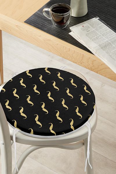 Realhomes Gold Detailed Drawing Digital Printed Modern Round Zippered Chair Cushion on Black Background