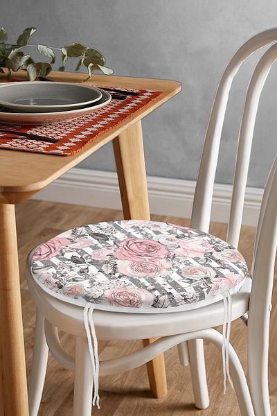Realhomes Gray Line Patterned Cross Stitch Flower Motif Round Zippered Chair Cushion