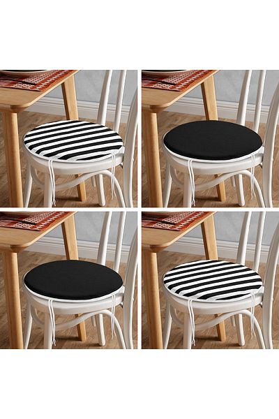 Realhomes Set of 4 Black and White Striped Solid Color Round Zippered Chair Cushions