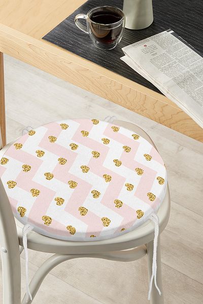 Realhomes Pink Zigzag Patterned Gold Detailed Modern Round Zippered Chair Cushion