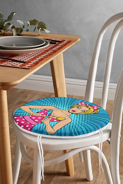 Realhomes Blue Floor Popart Girl Patterned Round Zippered Chair Cushion