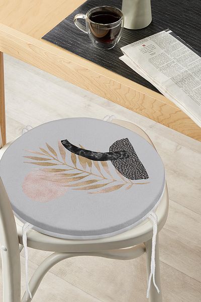 Realhomes Round Zippered Chair Cushion with Gold Leaf Motif on Gray Background