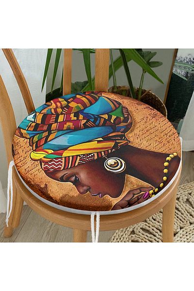 Realhomes Digital Printed Modern Round Zippered Chair Cushion with African Woman Drawings