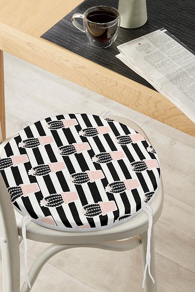 Realhomes Black Striped Cactus Motif Digital Printed Round Zippered Chair Cushion