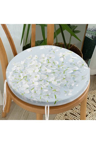 Realhomes White Hydrangea Flower on Blue Background Digital Printed Round Zippered Chair Cushion
