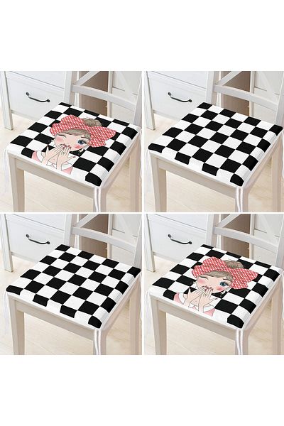 Realhomes 4-Piece Black and White Checkered Girl Motif Zippered Chair Cushion Set