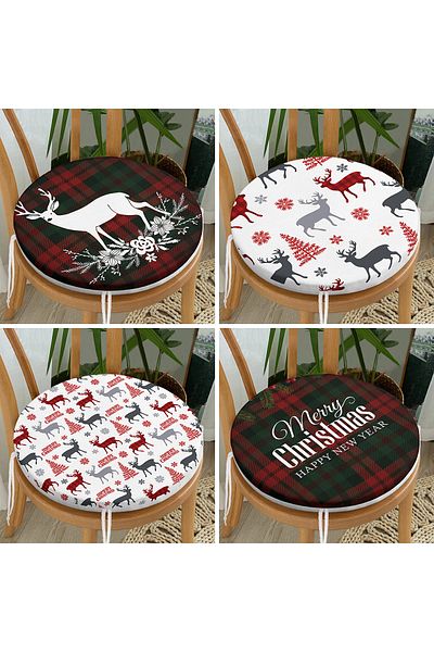 Realhomes Set of 4 Merry Christmas Themed Deer Motif Round Zippered Chair Cushions