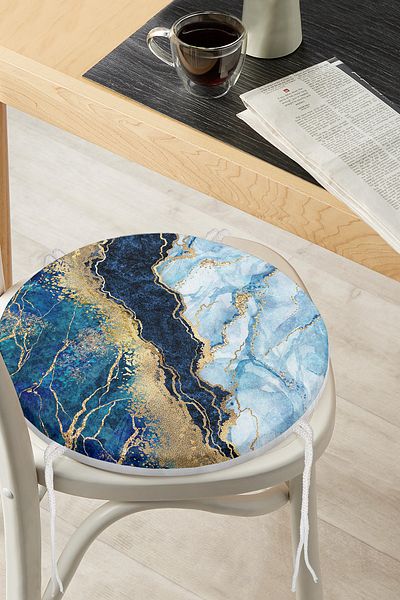 Realhomes Modern Round Zippered Chair Cushion with Gold Leaf Blue Background