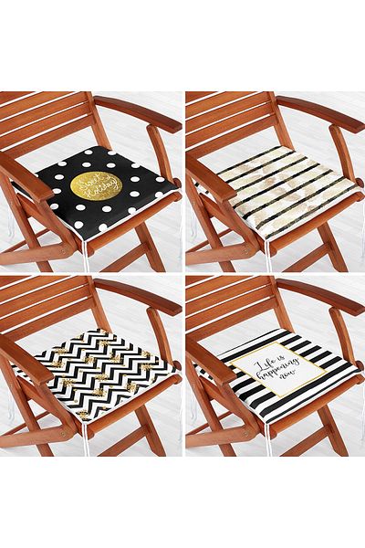 Realhomes Set of 4 Gold Written Geometric Patterned Zippered Chair Cushions