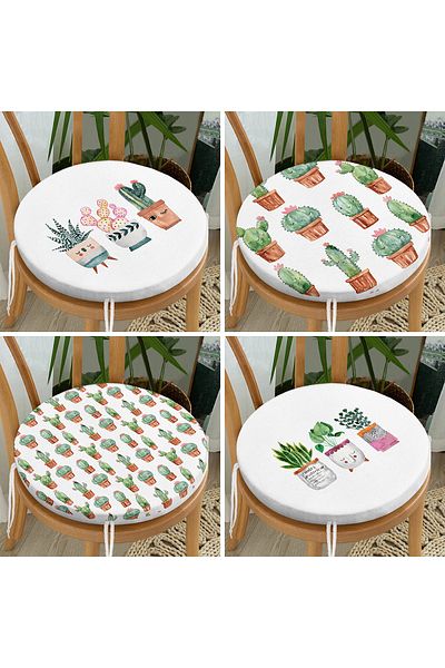 Realhomes 4-Piece Minimal Cactus Design Digital Printed Round Zippered Chair Cushion Set