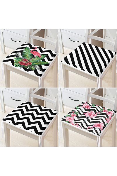 Realhomes Set of 4 Flamingo and Black and White Geometric Patterned Zippered Chair Cushions
