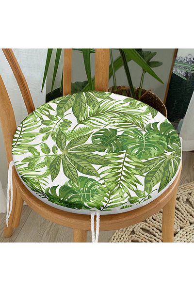 Realhomes Digital Printed Modern Round Zippered Chair Cushion with Green Leaf Pattern on White Background