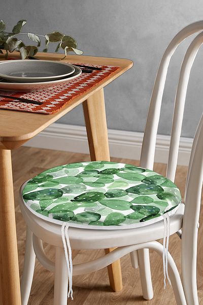 Realhomes Digital Printed Round Zippered Chair Cushion with Watercolor Cactus Design