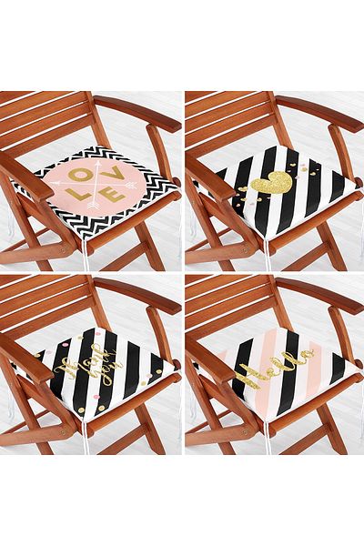 Realhomes 4-Piece Modern Zippered Chair Cushion Set with Gold Detailed Text on White Floor
