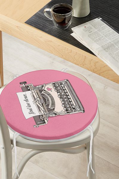 Realhomes Digital Printed Modern Round Zippered Chair Cushion with Pink Floor Typewriter Design