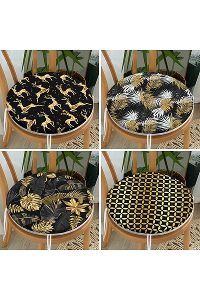 Realhomes Set of 4 Gold Detailed Tropical Leaf Motif Round Zippered Chair Cushions