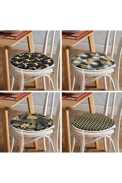 Realhomes Set of 4 Gold Detailed Tropical Leaf Motif Round Zippered Chair Cushions
