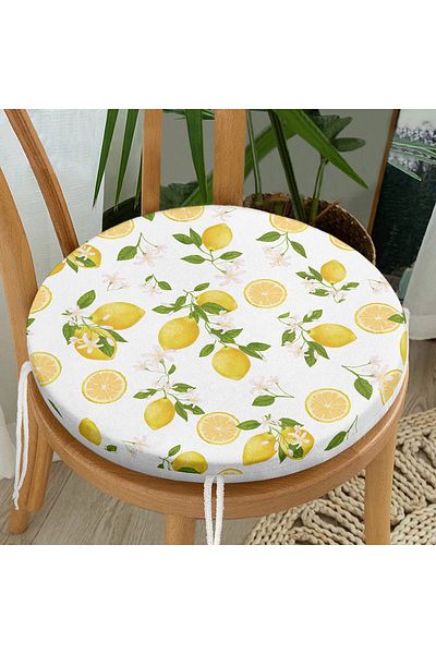 Realhomes Lemon Patterned Spring Colors Digital Printed Modern Round Zippered Chair Cushion