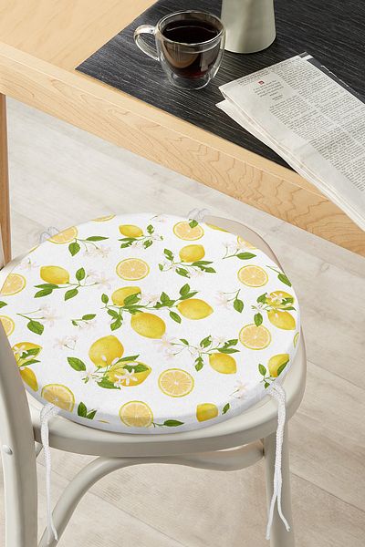 Realhomes Lemon Patterned Spring Colors Digital Printed Modern Round Zippered Chair Cushion