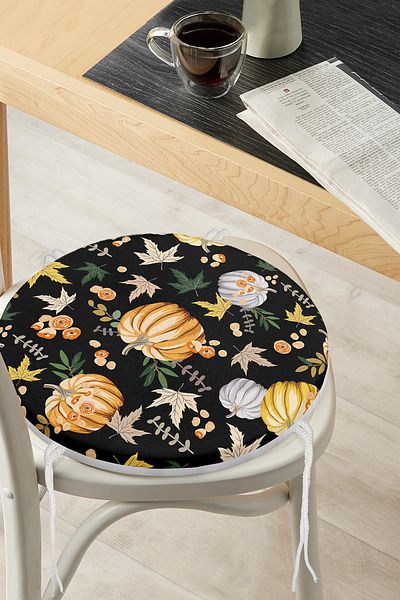 Realhomes Digital Printed Modern Round Zippered Chair Cushion with Pumpkin Pattern on Black Background
