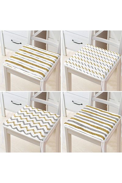 Realhomes 4-Piece Gold Detailed Geometric Patterned Modern Zippered Chair Cushion Set on White Background