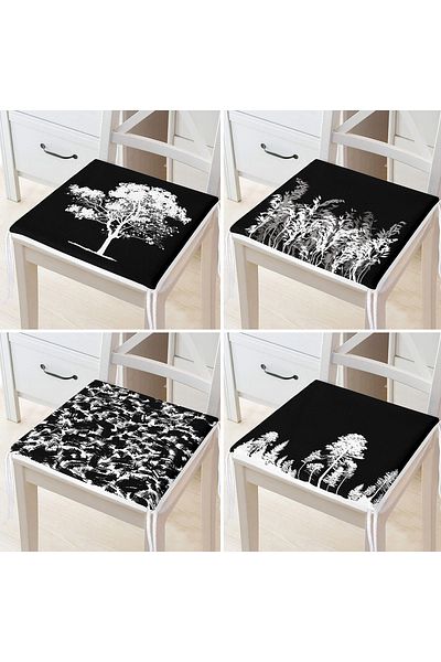 Realhomes 4-Piece Digital Printed Special Design Zippered Chair Cushion Set with Tree Motif on Black Background