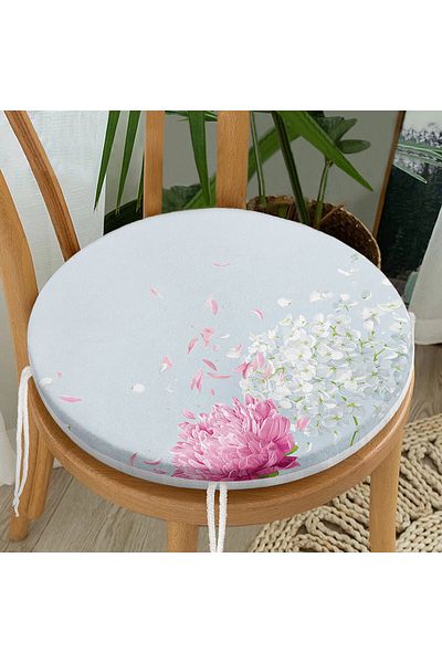 Realhomes Fuchsia White Hydrangea Flower Digital Printed Round Zippered Chair Cushion on Blue Background