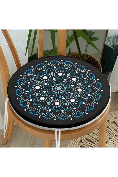 Realhomes Blue Beaded Mandala Round Zippered Chair Cushion on Black Background