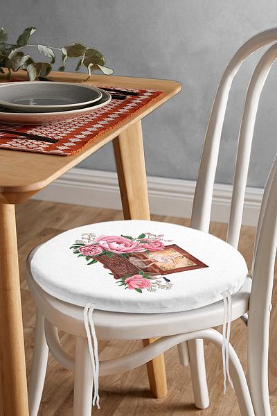 Realhomes Rose Detailed Music Box Special Design Digital Printed Modern Round Zippered Chair Cushion