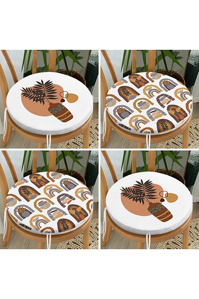 Realhomes Set of 4 Bohemian Motif Flower Pot Designed Round Zippered Chair Cushions