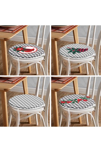 Realhomes 4-Piece Gray Plaid Floor Bird Design Digital Printed Modern Round Zippered Chair Cushion Set