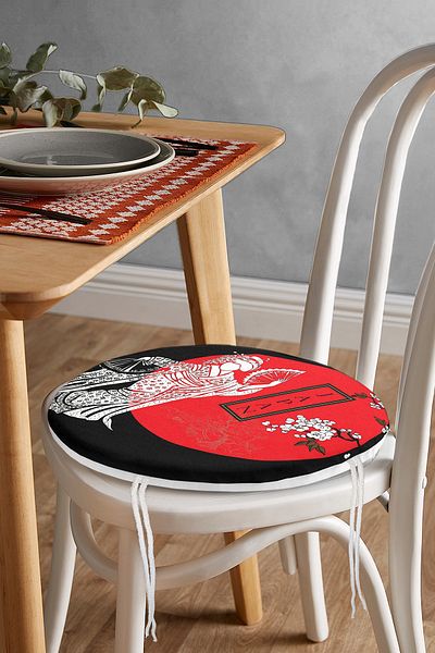 Realhomes White Branch Patterned Double Fan Japanese Women's Modern Round Zippered Chair Cushion