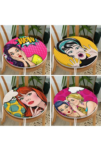 Realhomes Set of 4 Pop-art Fashion Girl Round Zippered Chair Cushions