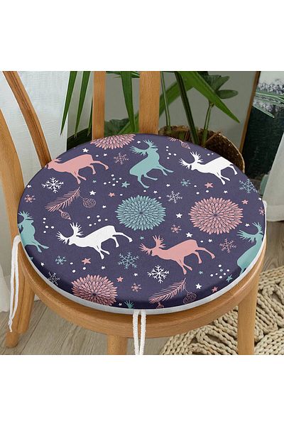 Realhomes Digital Printed Modern Round Zippered Chair Cushion with Deer Pattern on Colorful Floor